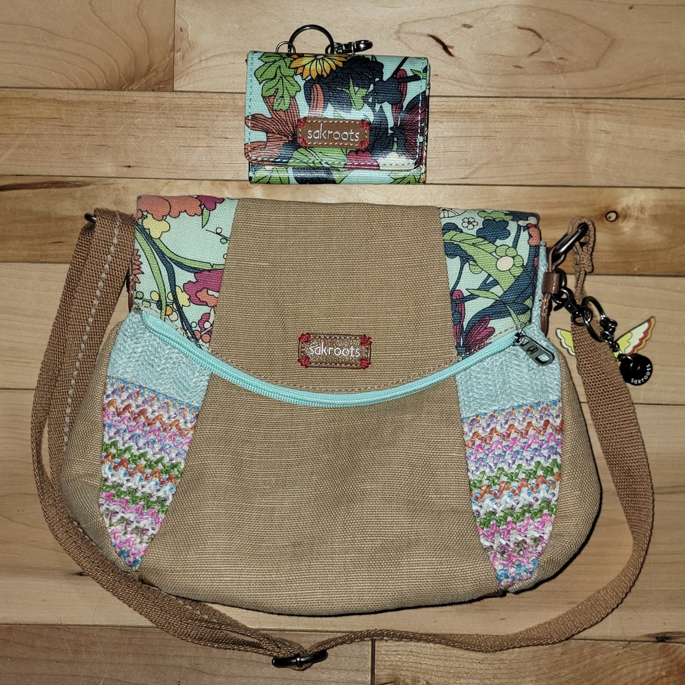 Sakroots Tan Crossbody Bag with Bohemian Flair And Matching Wallet